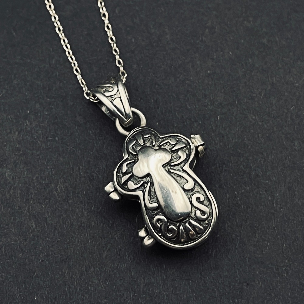 Vintage Sterling Silver Prayer‎ Box Cross Pendant Necklace Unisex Jewelry